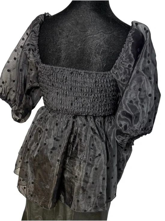 Molly Green Black Dotted Swiss Puff Sleeve Smocked Empire Waist Peplum Top Small - Picture 4 of 11